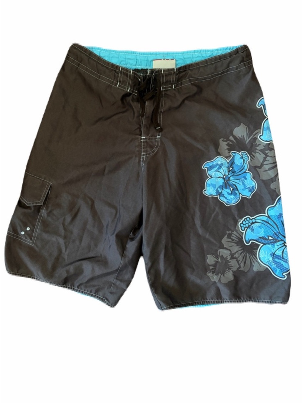 Red Camel Black Swim Board Shorts with Blue Floral Print